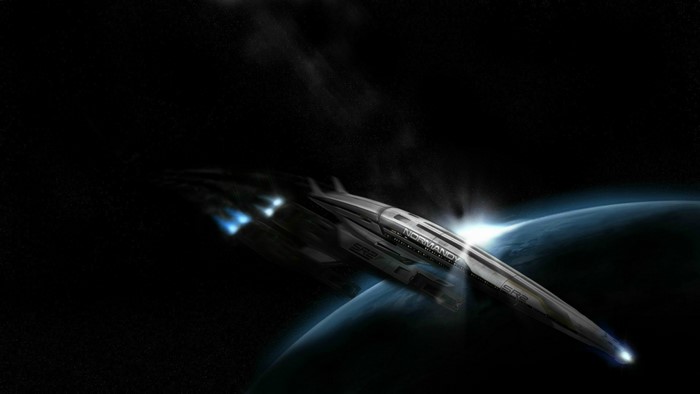 Normandy SR-2 spaceship flying near a planet