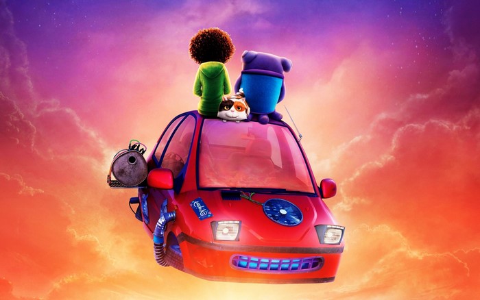 Characters from Home riding in a car