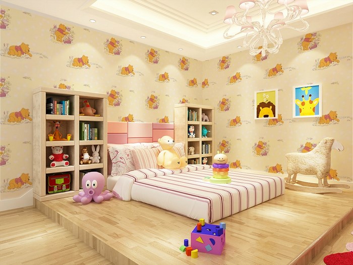 Children's bedroom with Winnie the Pooh wallpaper and toys