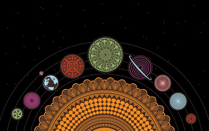 Stylized solar system with decorative planets and sun