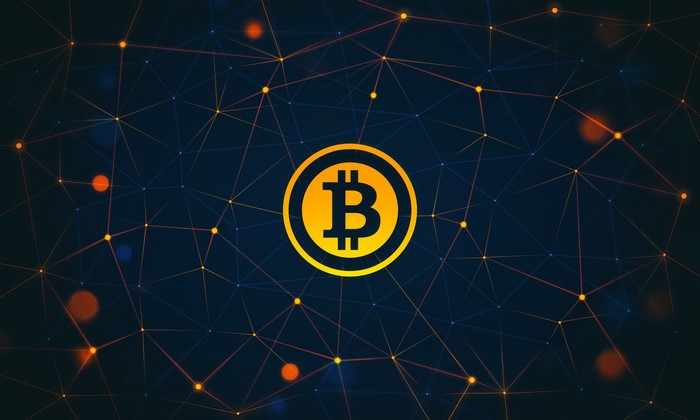 Bitcoin logo on a dark blue network background