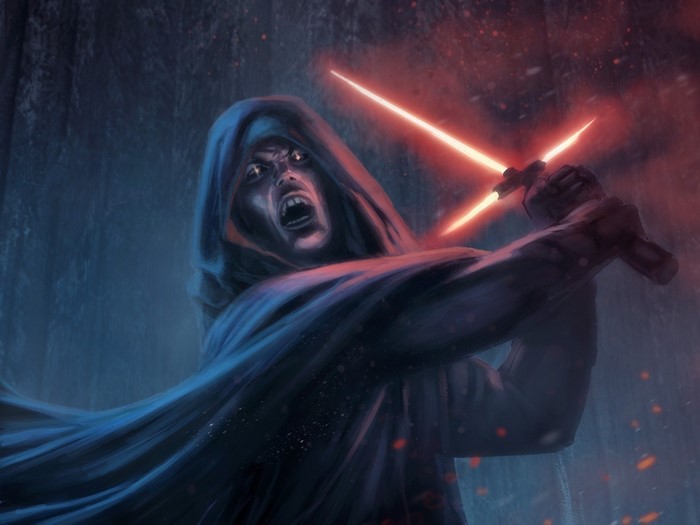 Sith Lord with Crossguard Lightsaber in Dark Forest