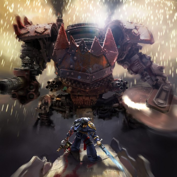 Space Marine fighting a large Ork robot in Warhammer 40,000