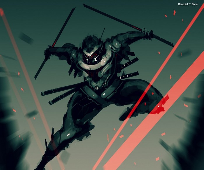 Cyberpunk samurai with swords in action