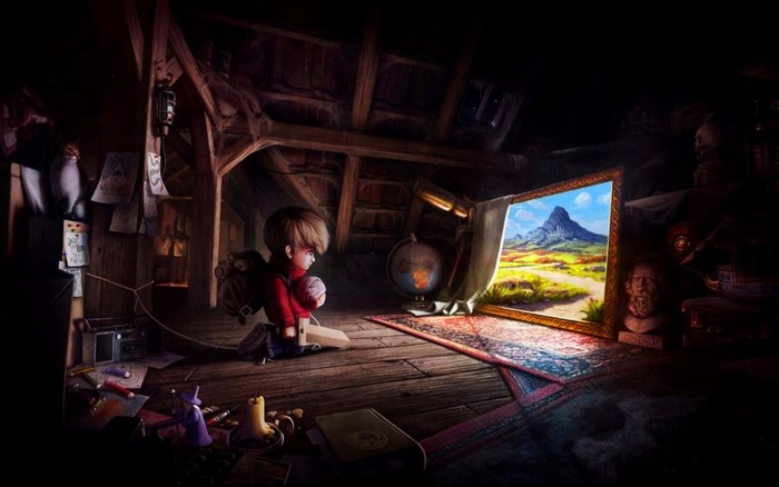 Boy in attic looking at a painting of a mountain landscape
