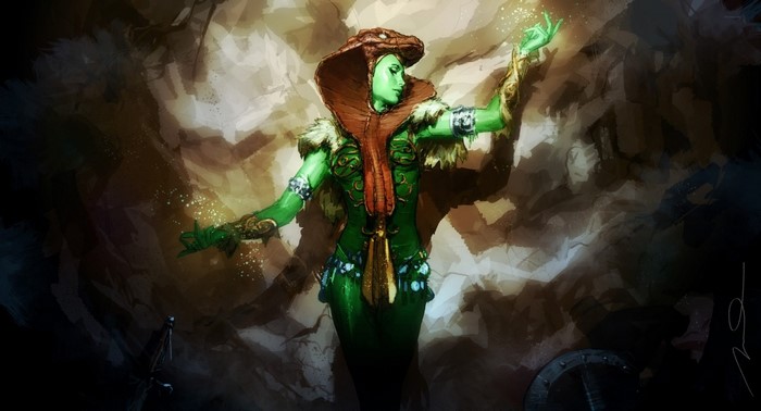 Green snake woman with cobra hood in fantasy art