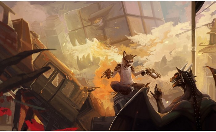 Furry characters in a destroyed city with a dragon