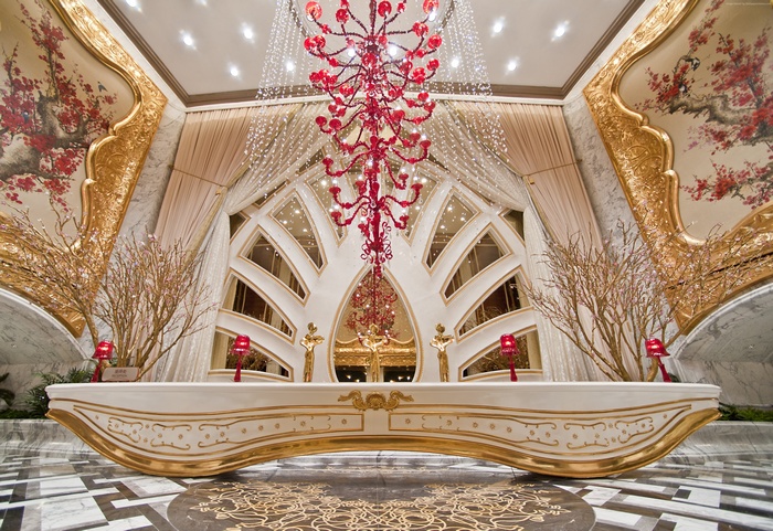 Galaxy Macau Resort Lobby with Red Chandelier