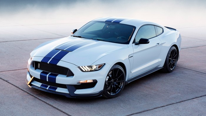 White Ford Mustang Shelby GT350 with Blue Stripes
