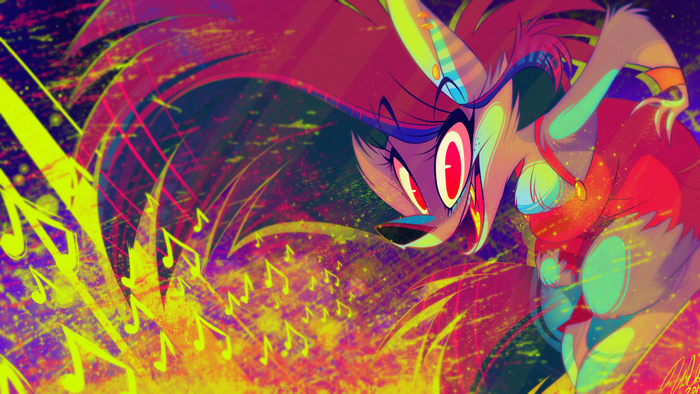 Psychedelic illustration of a furry character with musical notes
