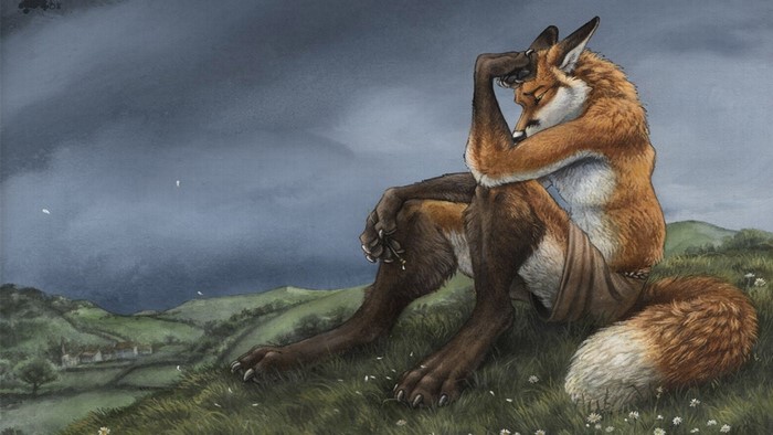 Furry fox creature sitting on a hill