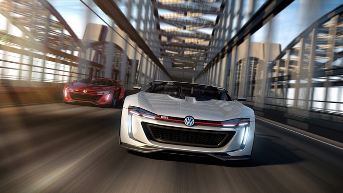Volkswagen GTI Roadster concept cars on a bridge