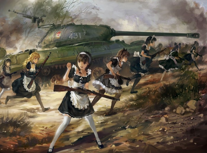 Anime maids with rifles and tank