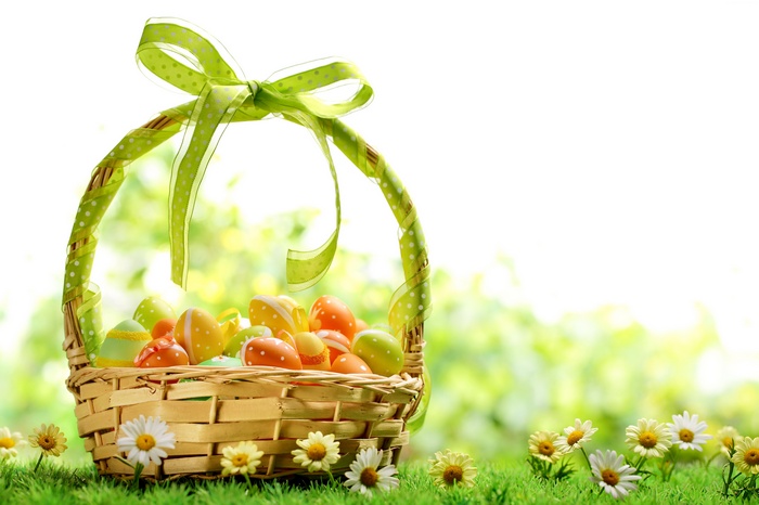 Easter basket filled with colorful eggs and daisies
