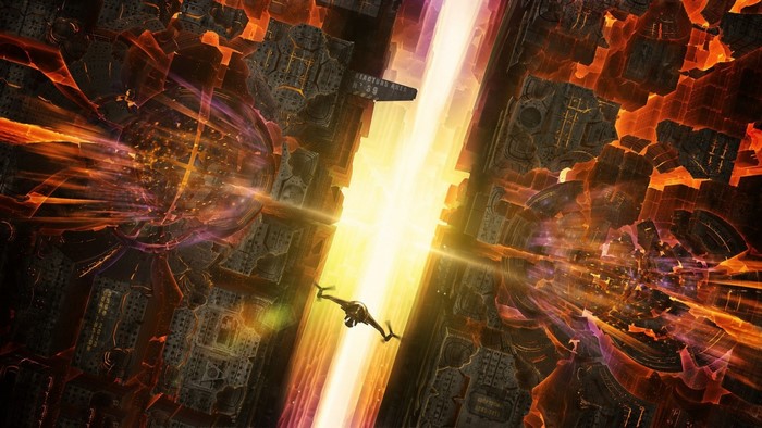 Spaceship flying through a futuristic, fiery canyon
