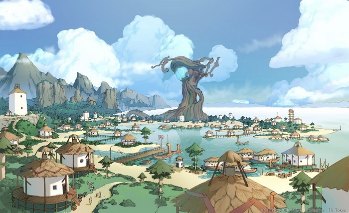 Fantasy village with a giant tree and mountains