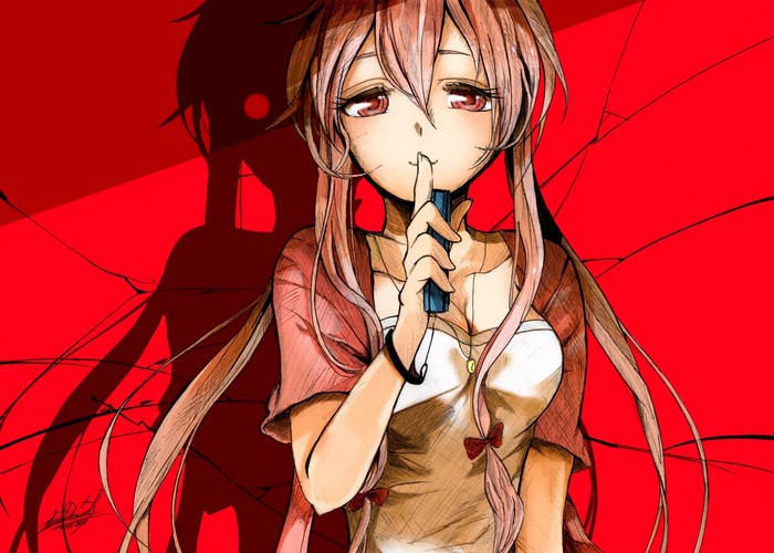 Gasai Yuno from Mirai Nikki holding a pen