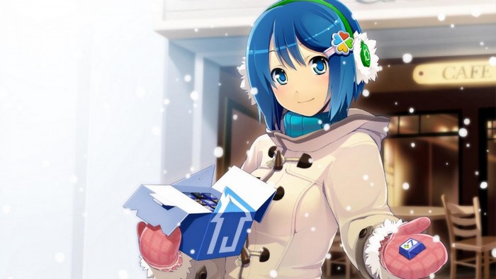 Madobe Nanami from Windows 7 holding a box of chocolates