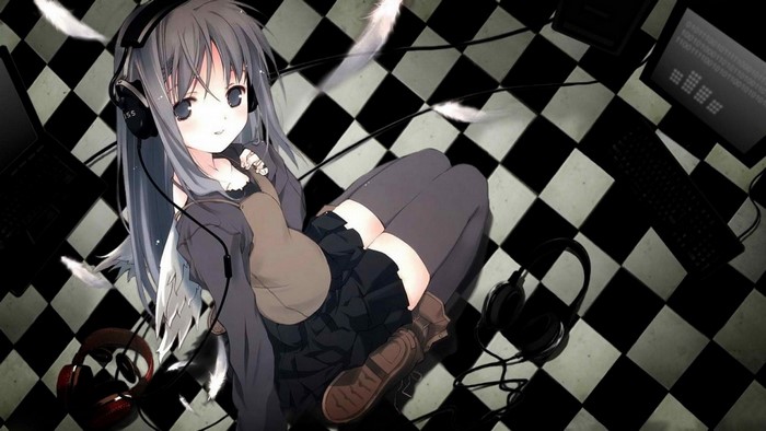 Anime girl with headphones on checkered floor