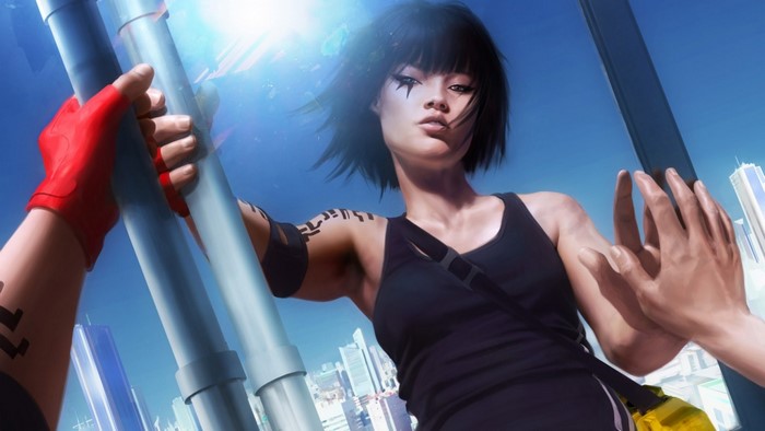 Faith Connors from Mirrors Edge holding onto pipes