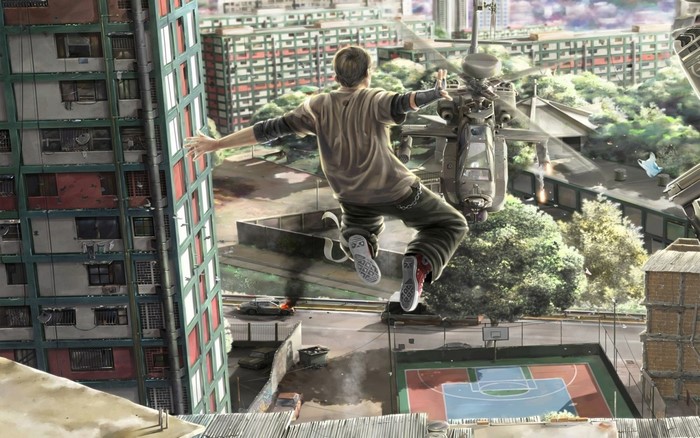 Man performing parkour jump from building to helicopter