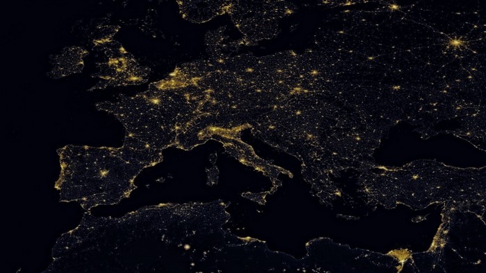 Europe at night from space showing city lights