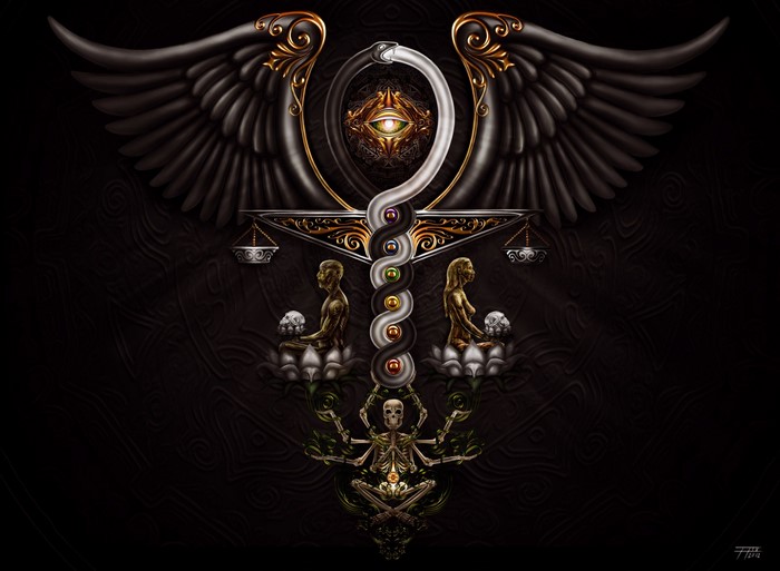 Winged Caduceus with Eye of Providence and Skeletons