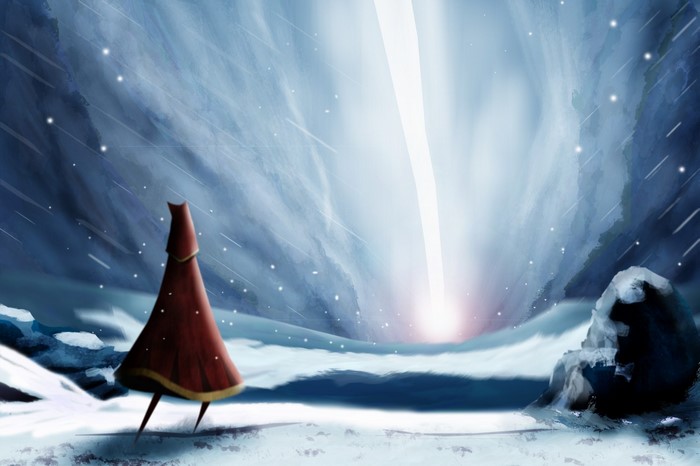Character from Journey in a snowy landscape with a light beam