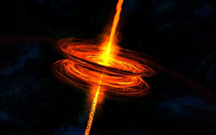 Abstract space quasar with orange accretion disk and jet