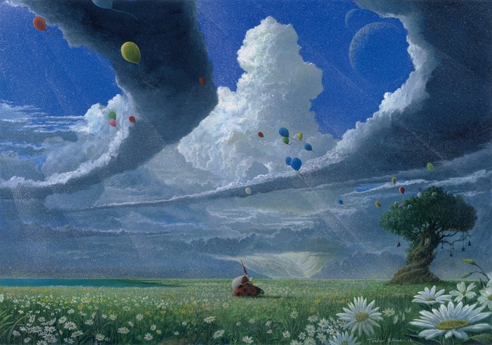 Fantasy landscape with balloons and a wizard