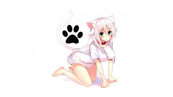 Anime cat girl with white hair and green eyes