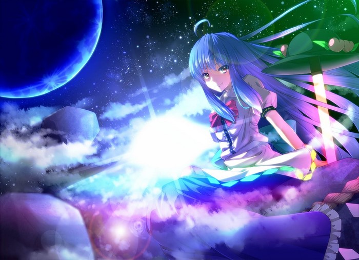 Hinanawi Tenshi from Touhou in space with a planet