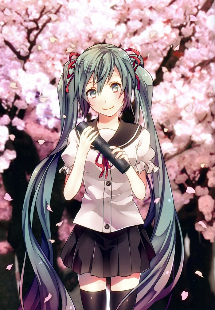 Hatsune Miku from Vocaloid in School Uniform with Cherry Blossoms
