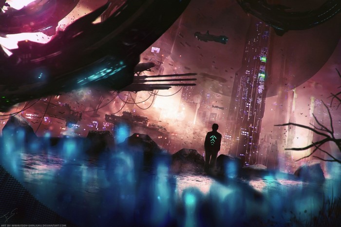 Futuristic city with a lone figure and spaceships
