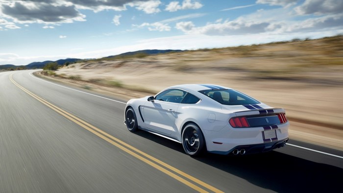 White Ford Mustang Shelby GT350 on a Desert Road
