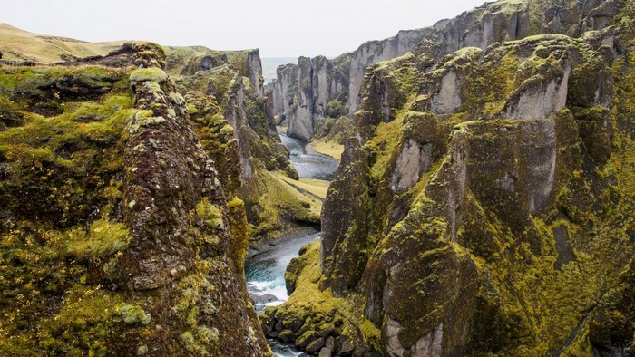 Moss-covered canyon with a river flowing through it