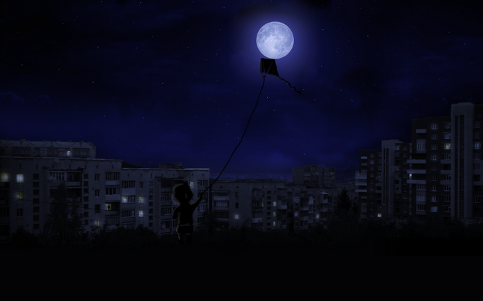 Child flying a kite under the full moon