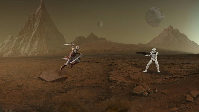 Assassin from Assassin's Creed fighting a Clone Trooper on Mars with Death Star in background