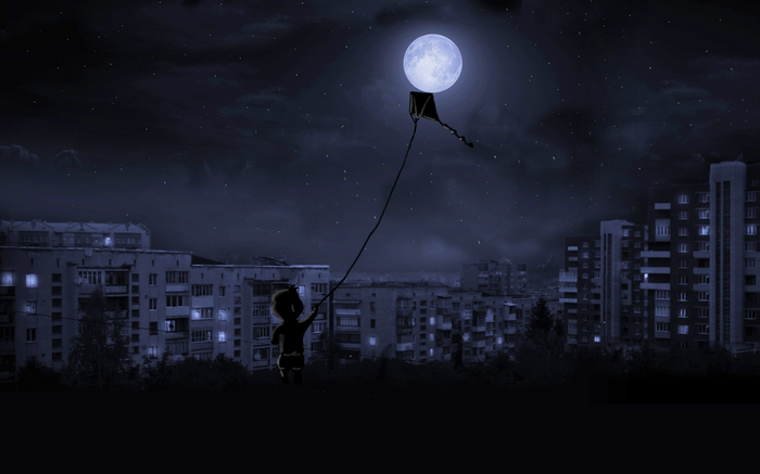 Child flying a kite under the full moon in a city at night