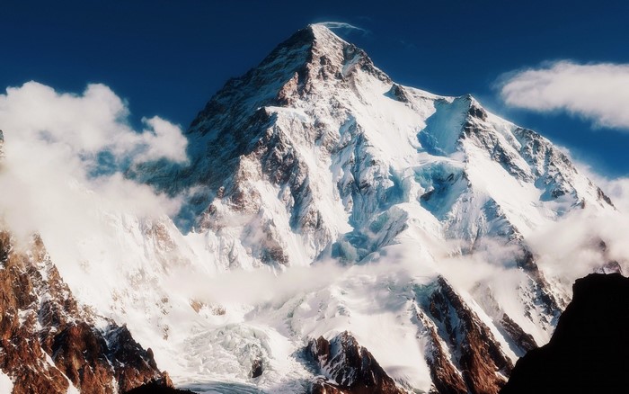 Snow-covered mountain peak with clouds