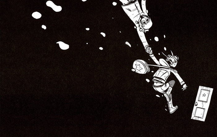 Scott Pilgrim characters falling through darkness