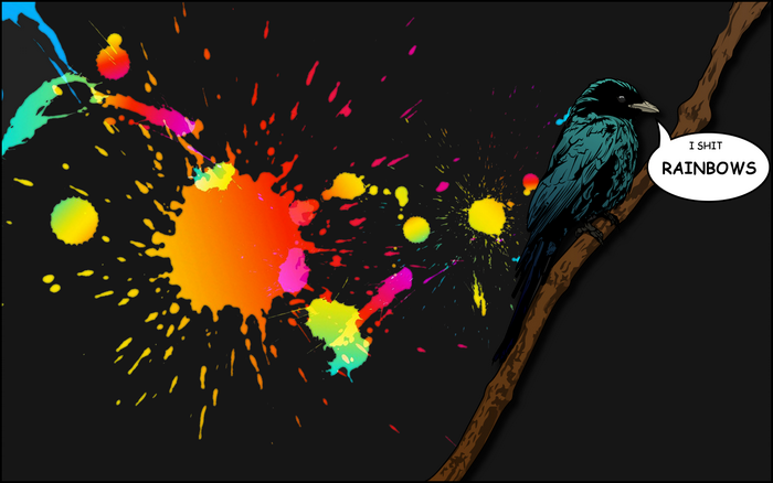Bird on a branch with rainbow paint splatters