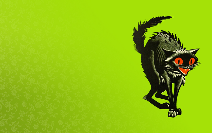 Illustration of a black cat with red eyes on a green patterned background