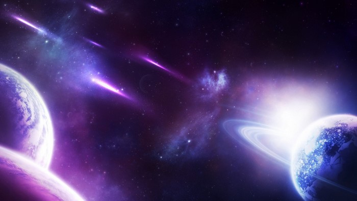 Planets and meteors in a purple nebula