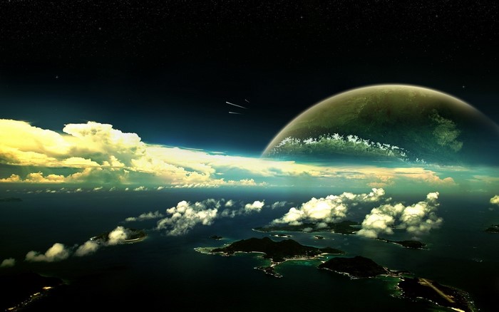 Planet and islands in space with clouds