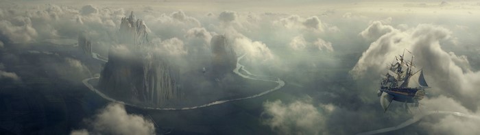Fantasy landscape with floating ship and mountains in clouds