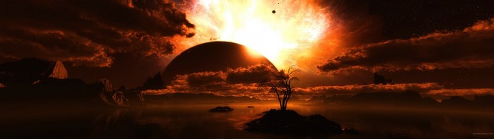 Alien planet with a large eclipse and fiery sky