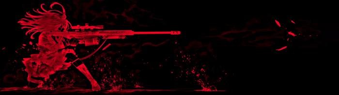 Girl with sniper rifle firing in red and black