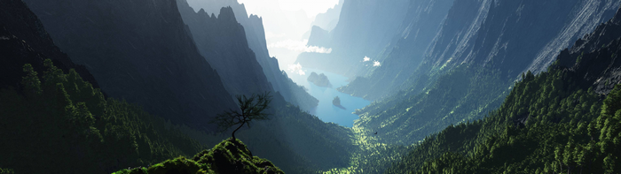 Majestic mountain valley with a lake and a lone tree