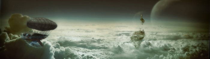 Fantasy art of a blimp and floating islands in the sky